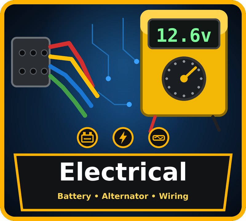 Digital multimeter displaying 12.6 volts alongside colorful electrical wires and circuit board components with bright blue lighting, representing professional electrical diagnostics and automotive system testing in a technical workshop environment